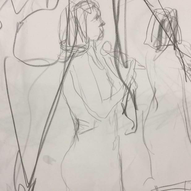 line drawing of Christine Jowers with a mic leading a discussion on dance